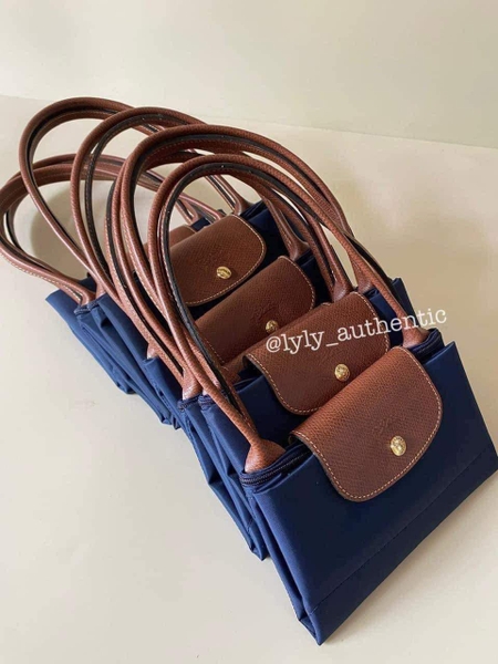 Túi tote Long Champ màu xanh navy quai nâu 2 size