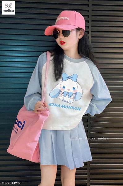 Bộ nỉ Cinnamoroll dài tay raglan trắng xanh kèm chân váy hãng Melisa