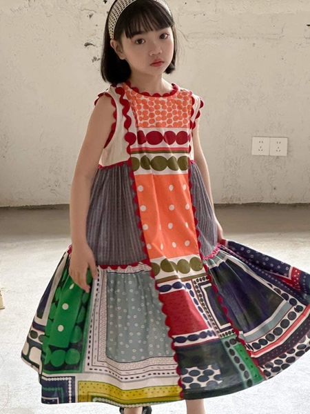Váy vintage retro sắc màu chất thô sát nách