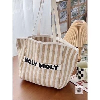 Túi xách Holy Moly kẻ trắng đỏ size 45x26cm