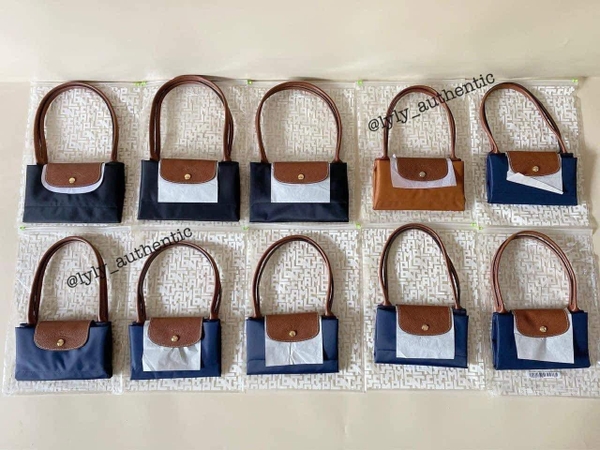 Túi tote Long Champ màu xanh navy quai nâu 2 size