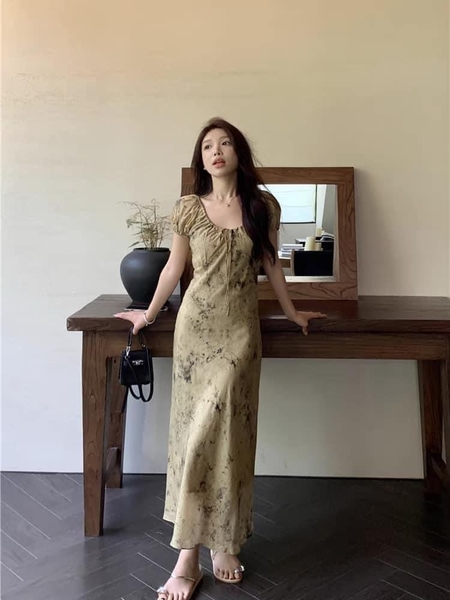 Váy voan cổ V phong cách retro màu nâu