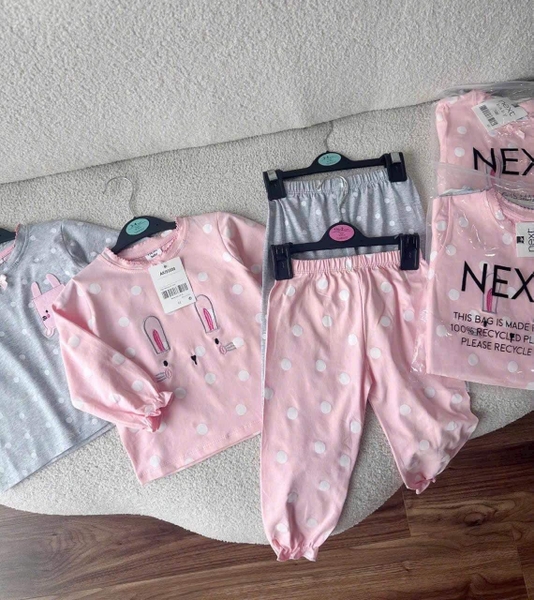 Set 2 bộ cotton dài tay chấm bi thỏ tông hồng, ghi