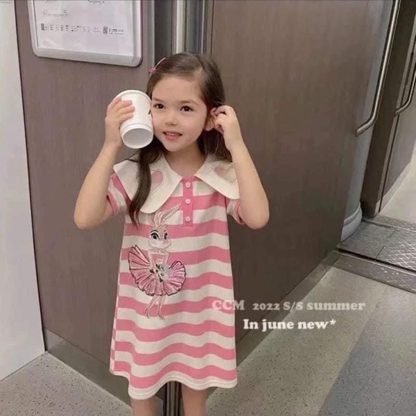 Váy polo thỏ kẻ ngang màu hồng trắng