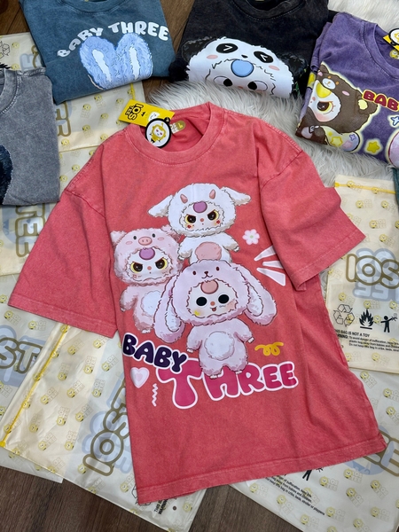 Áo phông HỒNG CAM cotton cộc tay loang IOSTEE hình 3 bé Baby Three V3