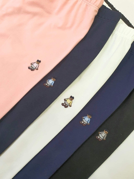 Quần legging thun Beemon thêu gấu 5 màu trắng, navy, tím than nhạt, đen, hồng