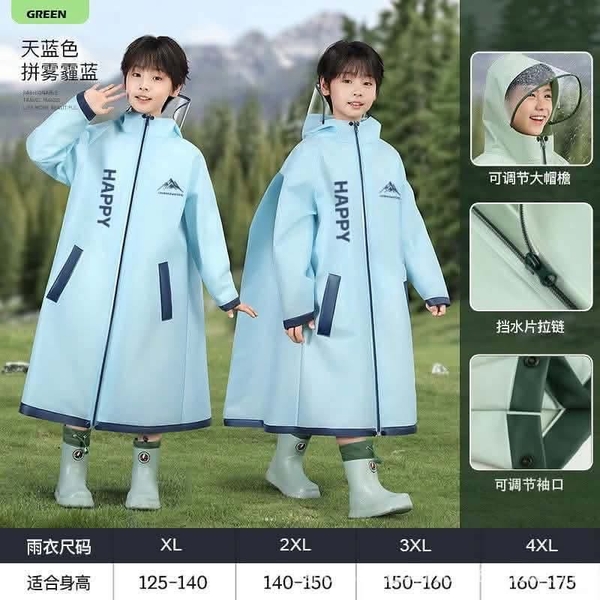 Áo mưa BÉ dáng dài 4 màu tím, be, xanh lá, xanh dương