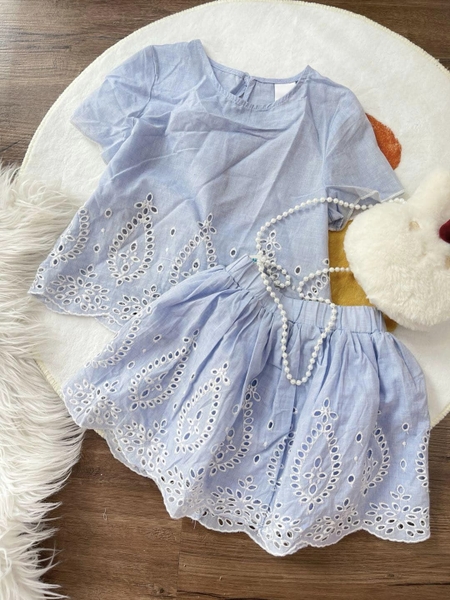 Set bộ cộc tay ren thô chân váy màu xanh xuất Anh