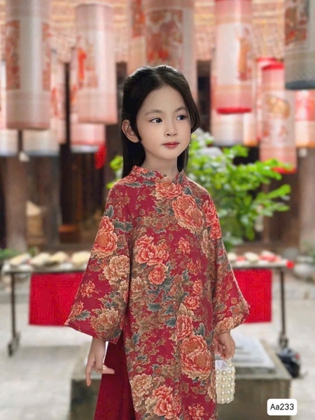 Áo dài CON đỏ hoa mẫu đơn vải nhung tăm