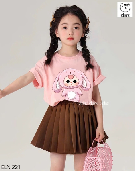 Bộ cotton Baby Three áo hồng mix chân váy nâu hãng Elaine