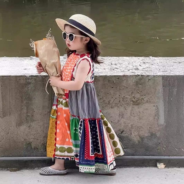 Váy vintage retro sắc màu chất thô sát nách