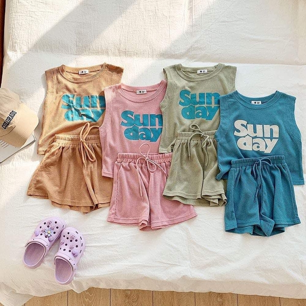 Bộ cotton sát nách Sunday 4 màu xanh dương, rêu, hồng, nâu