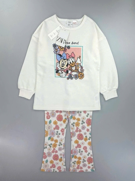 Bộ nỉ da cá dài tay Zara Girl quần thun tăm ống loe 3 mẫu hồng, trắng, cam