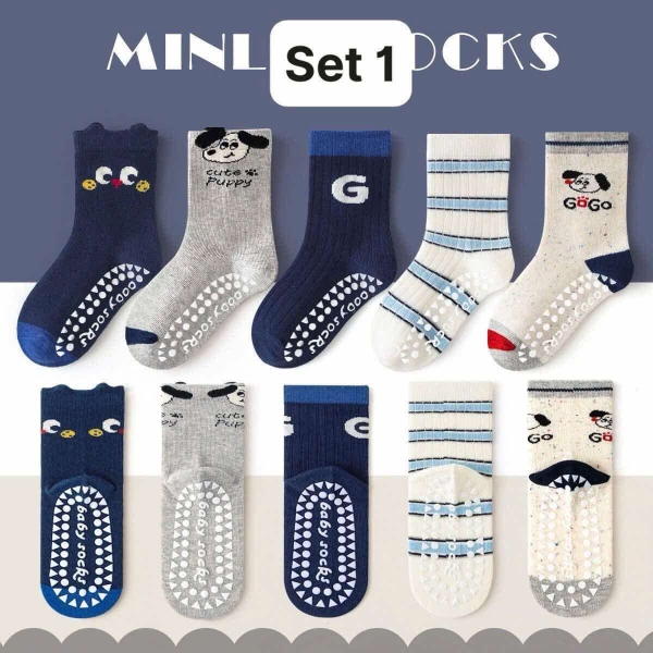Set 5 đôi tất chống trơn trượt 10 mẫu cho bé trai, bé gái