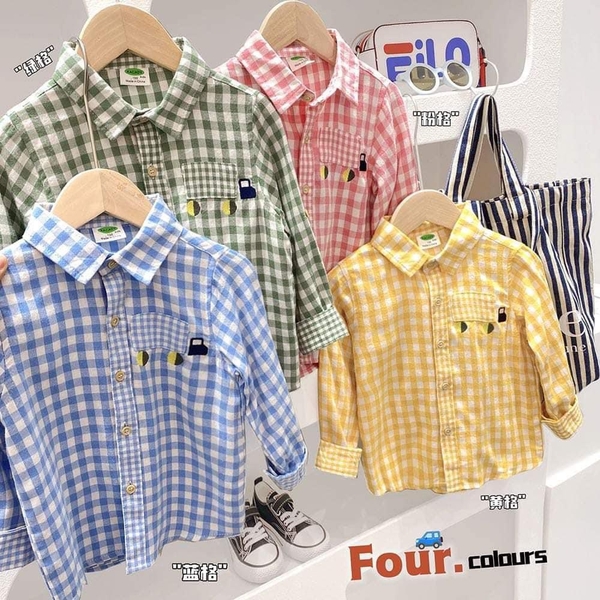 Áo sơ mi kẻ caro bé trai 4 màu: xanh dương, xanh lá, vàng, hồng