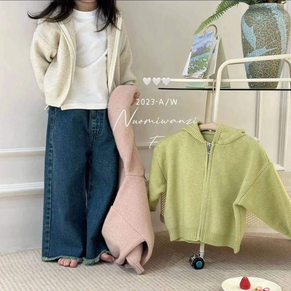 Áo khoác len kéo khóa có mũ 3 màu pastel xanh, hồng, be cho bé