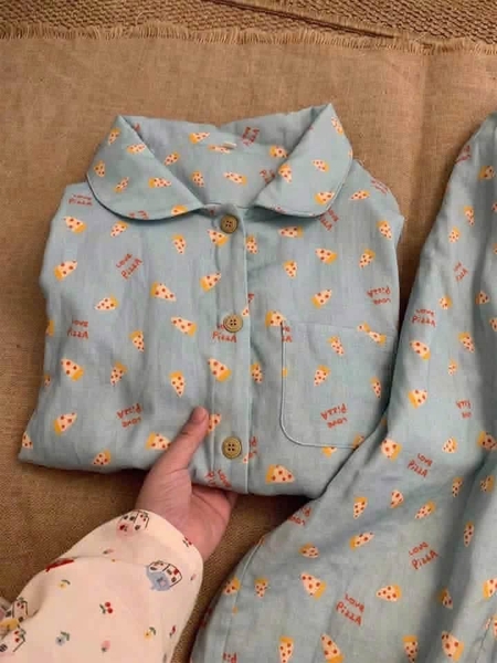 Bộ pyjama Love Pizza dài tay màu xanh