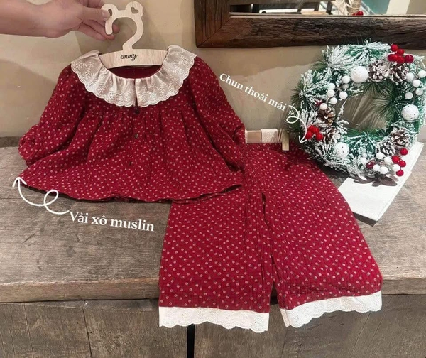 Bộ thô dài tay đỏ hoa nhí cổ phối ren size mẹ và bé