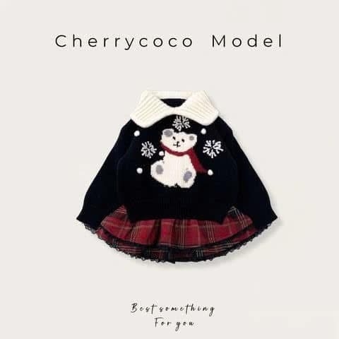Bộ áo len gấu navy mix chân váy dạ caro đỏ hãng Cherry Coco Model