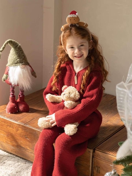 Bộ len đỏ dài tay áo kéo khoá có mũ hãng Juicy Peach Design