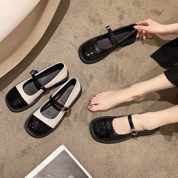 Giày babydoll da 2 màu đen và trắng đế 3 phân