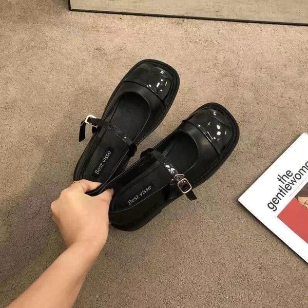 Giày babydoll da 2 màu đen và trắng đế 3 phân