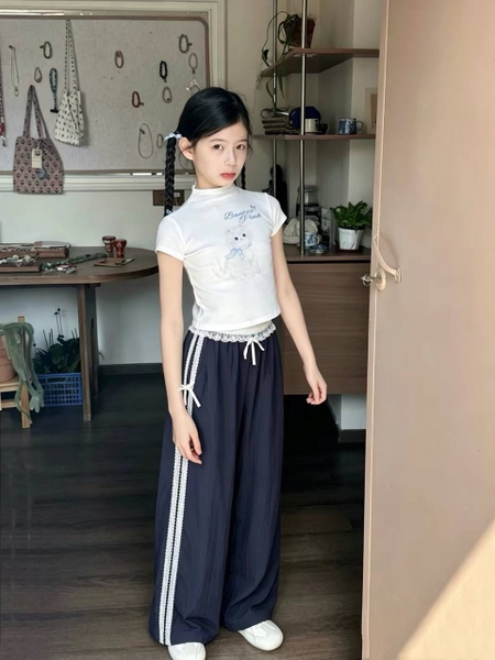 Quần dài bé gái ren nơ mỏng nhẹ 2 màu xanh dương, navy