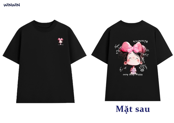 Áo phông Size 3-7Y in hình cô gái Win-Win cộc tay 3 màu đen, trắng, hồng