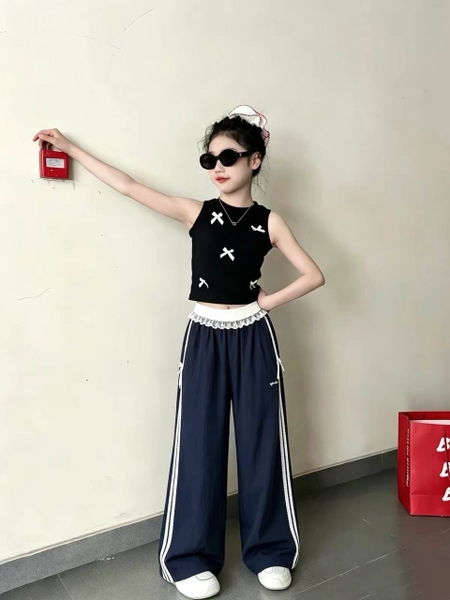 Quần dài bé gái ren nơ mỏng nhẹ 2 màu xanh dương, navy