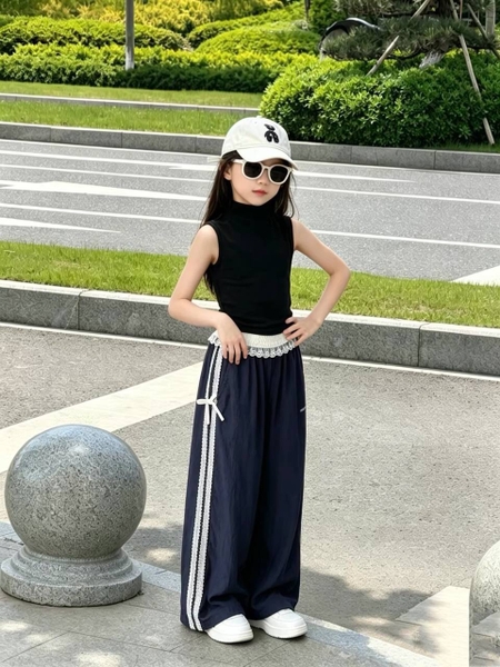 Quần dài bé gái ren nơ mỏng nhẹ 2 màu xanh dương, navy