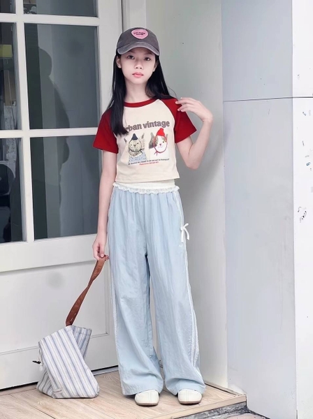 Quần dài bé gái ren nơ mỏng nhẹ 2 màu xanh dương, navy