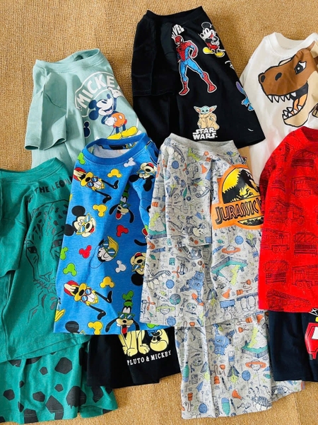 Bộ cotton cộc tay H&M nhiều mẫu Marvel đen, Mickey, Khủng long...bé trai hè 2025