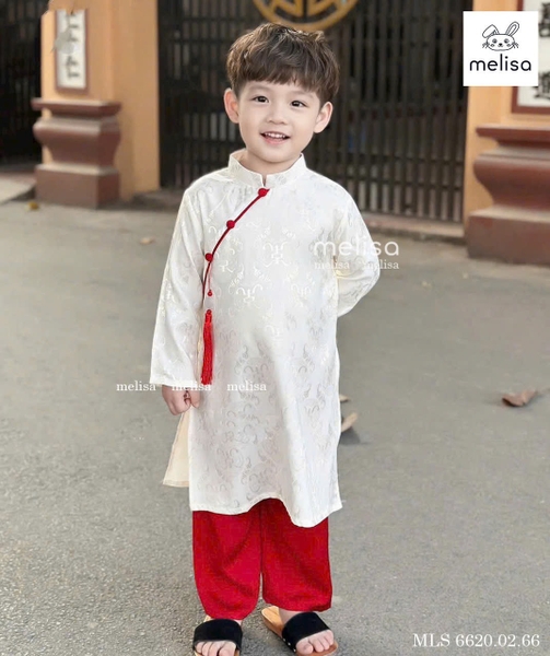 Áo dài gấm BÉ TRAI kèm dây ngọc 2 màu trắng, đỏ