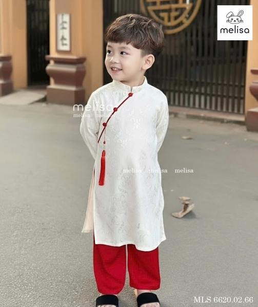 Áo dài gấm BÉ TRAI kèm dây ngọc 2 màu trắng, đỏ
