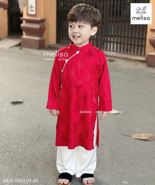 Áo dài gấm BÉ TRAI kèm dây ngọc 2 màu trắng, đỏ