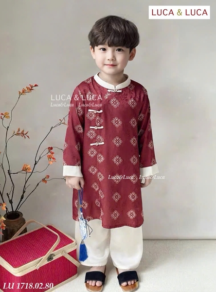 Áo dài gấm lụa Xuân An BÉ TRAI cách tân họa tiết hoa thị màu đỏ quần trắng Luca&Luca