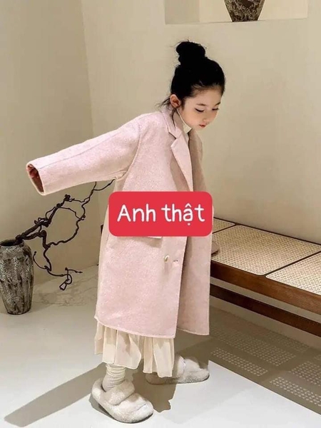 Áo khoác dạ dáng dài màu hồng cho bé gái