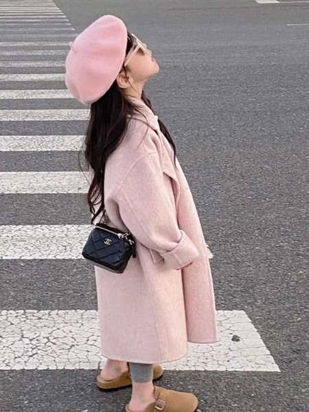 Áo khoác dạ dáng dài màu hồng cho bé gái