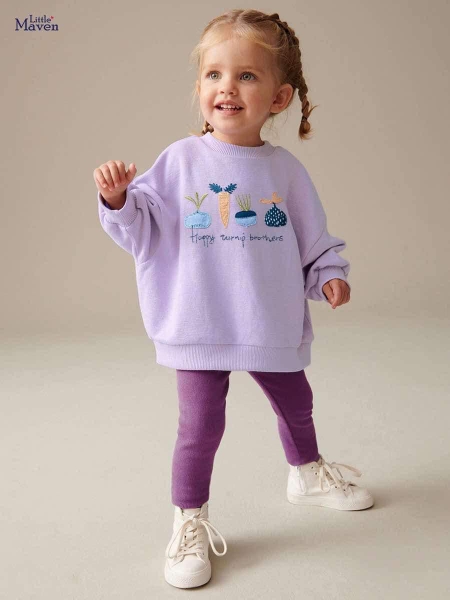 Bộ nỉ Little Maven màu tím quần legging tăm cho bé gái