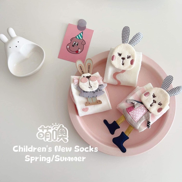 Set 3 đôi tất cao cổ hình thỏ tông trắng, hồng