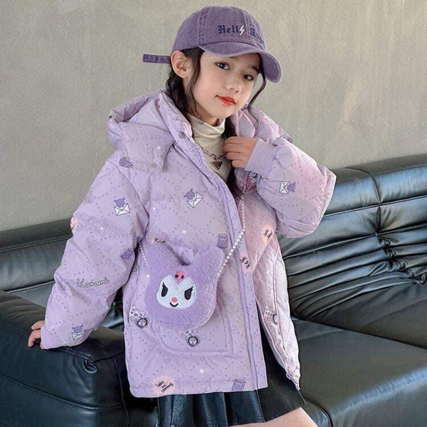 Áo phao có mũ lót bông hoạ tiết Kuromi kèm túi màu tím