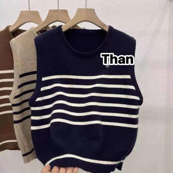Áo gile len kẻ ngang 3 màu nâu, be, than cho nữ