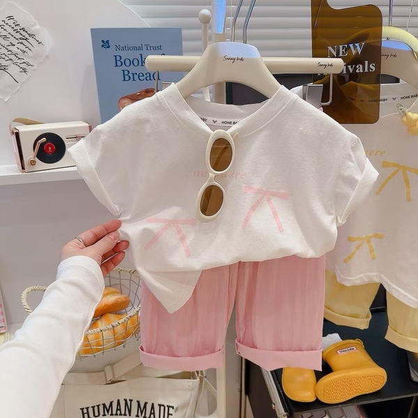 Bộ cộc tay Hone Baby nelpuere họa tiết Nơ quần dài 3 màu hồng, vàng, xanh