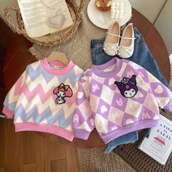 Áo len dệt kim lót lông thêu Kuromi, Melody 2 màu tím, hồng