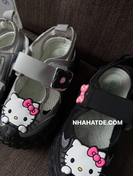 Giày thoáng khí quai dán Hello Kitty đen và ghi