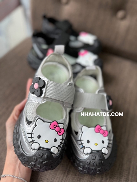 Giày thoáng khí quai dán Hello Kitty đen và ghi