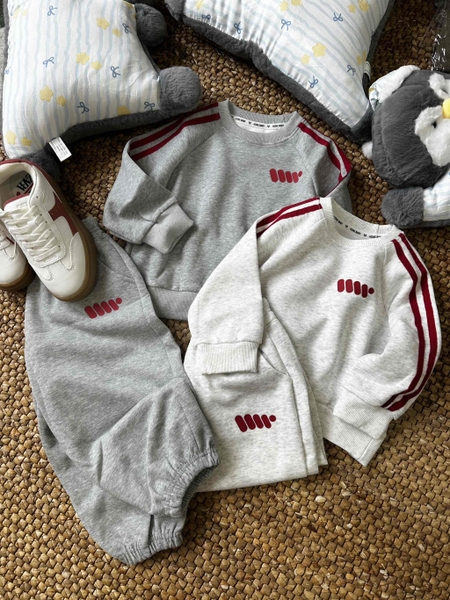 Bộ nỉ dài tay Hone baby sọc đỏ 2 màu xám nhạt, xám đậm cho bé
