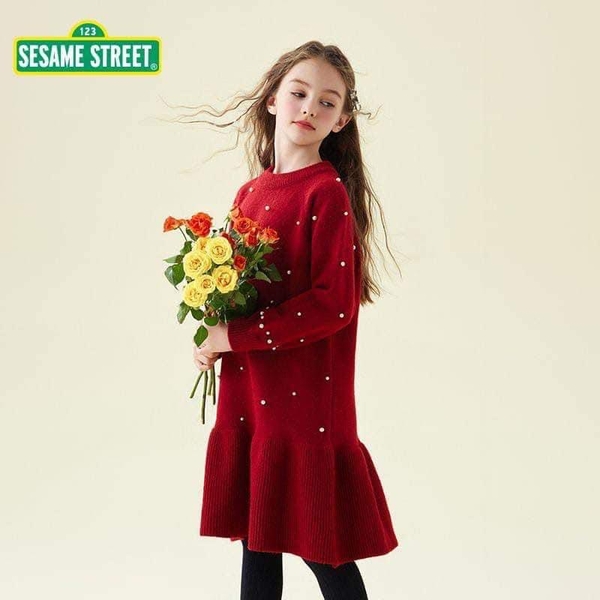 Váy len đỏ Sesame Street đính ngọc bé gái size đại