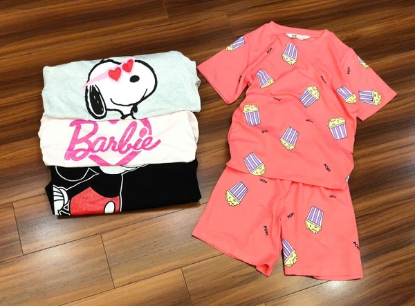 Bộ cotton H&M cộc tay size đại Mẹ&Bé 5 mẫu Mickey đen, bắp rang bơ, Snoopy ghi, Barbie hồng