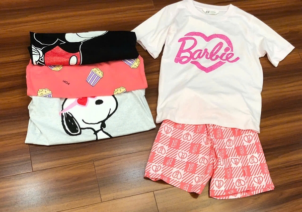 Bộ cotton H&M cộc tay size đại Mẹ&Bé 5 mẫu Mickey đen, bắp rang bơ, Snoopy ghi, Barbie hồng